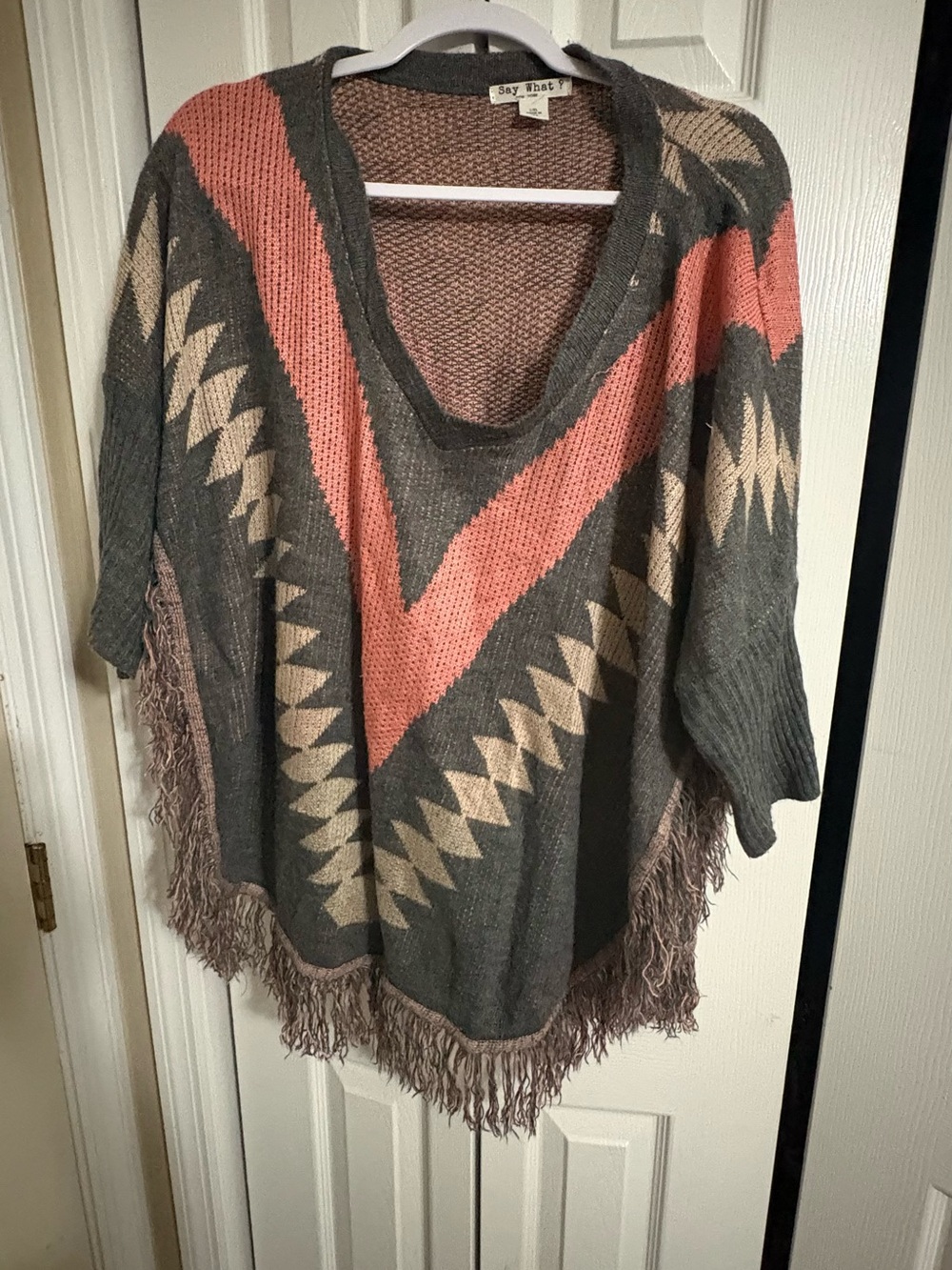 Say What? Geometric Fringe Poncho in Coral, Gray & Cream